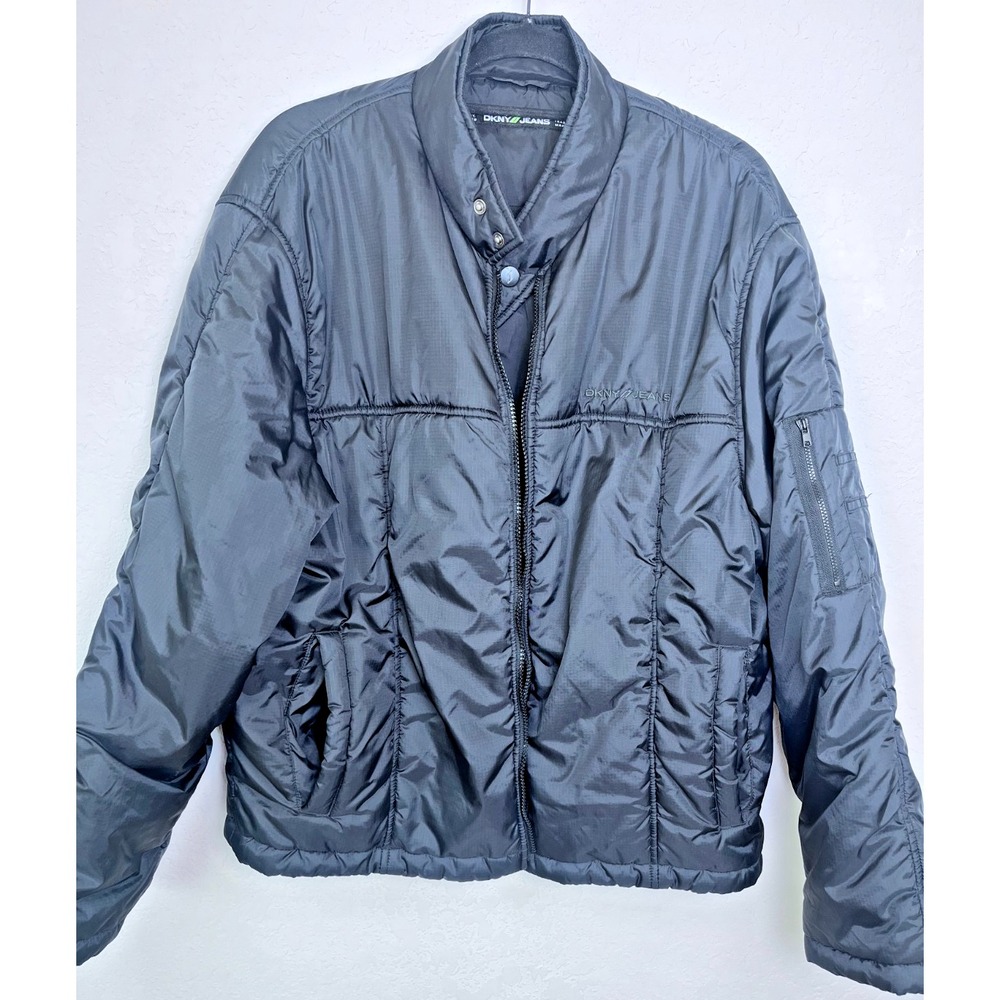 DKNY Jeans Black Quilted Puffer Jacket Zip Front Stand Collar Womens‎ L *NOTE